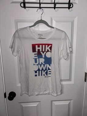 Columbia White Graphic Tee with Red and Blue Print